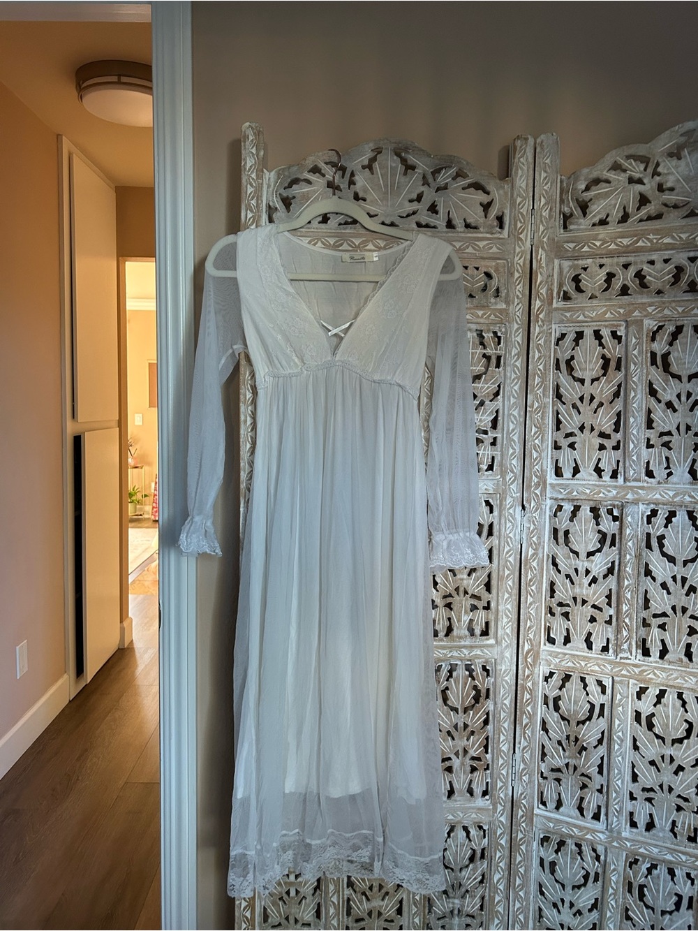 Women's Sheer Lace Lined Long Nightgown - White